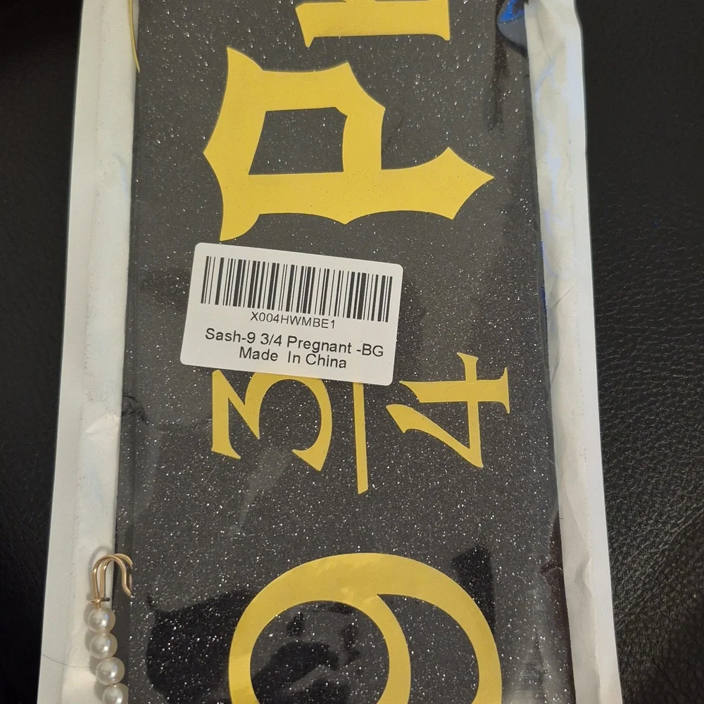 9 Months Pregnant Gold Lettering Glitter Black Sash 9 3/4 Pregnant Sash Black